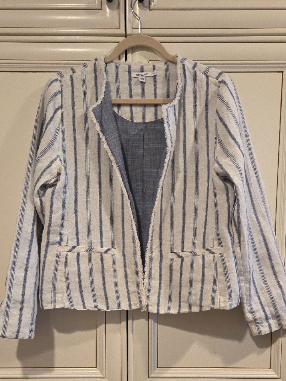 Chico's Linen Blue and White Striped Open-Front Jacket